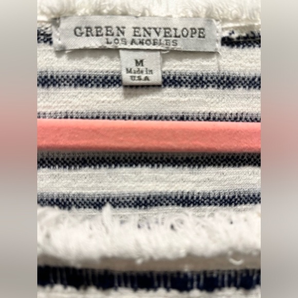 Top Crop Green Envelope White Navy Stripes Fringed Trim Woven SZ M Front Tuck - Picture 4 of 6